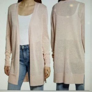 Halogen Linen Knit Side Slit Open Front Cardigan